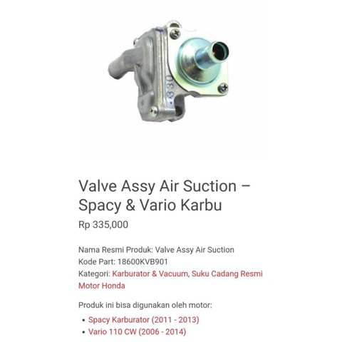 Valve Assy Air Suction Honda Spacy & Vario Karbu 18600-KVB-901 Ori Honda Genuine Parts