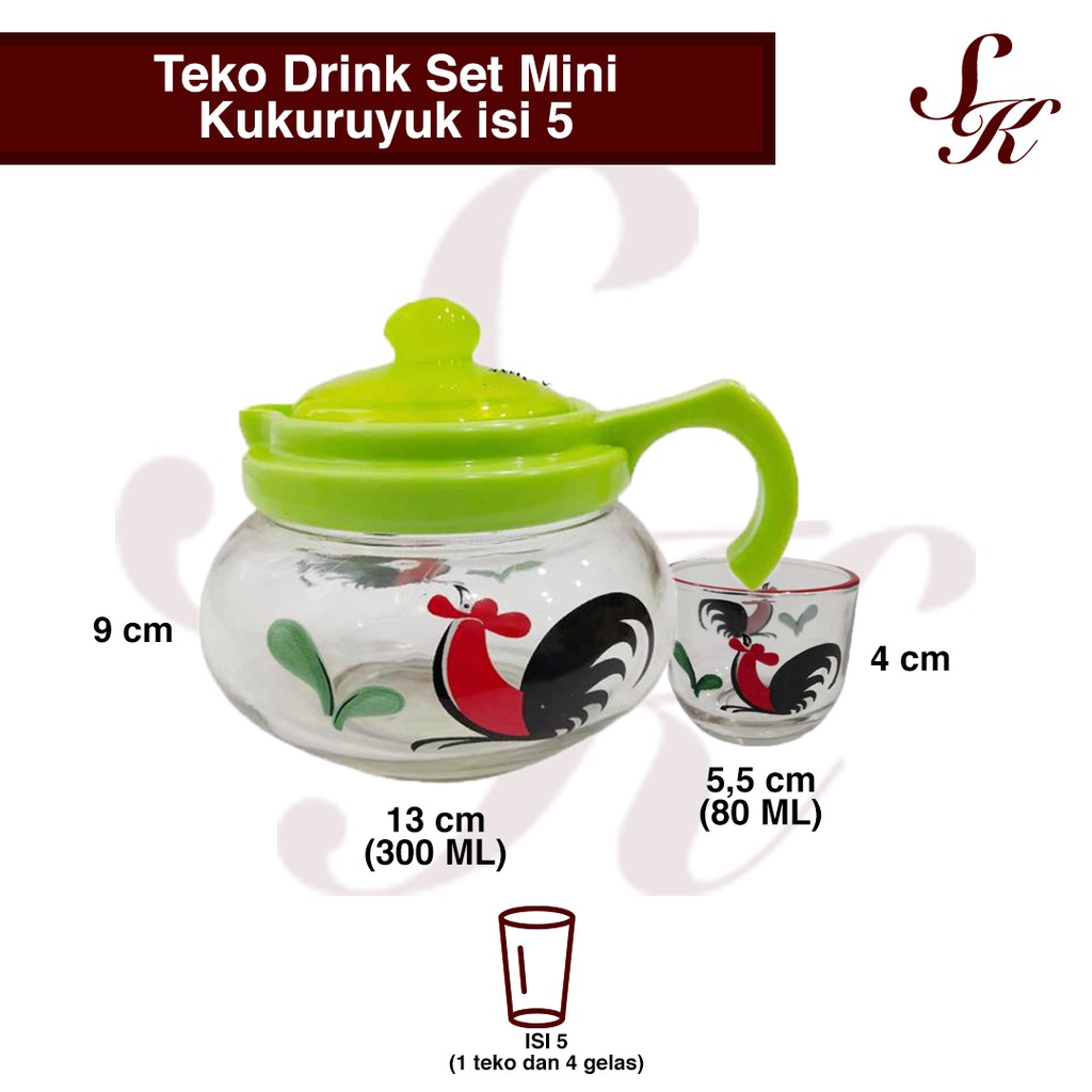 Teapot Ayam / Teko Drink Set Mini Kukuruyuk isi 5 / Teko Bening Kaca Ayam Jago Jadul / Teko Kado