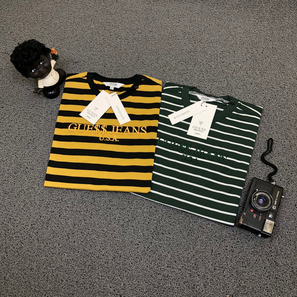 KAOS GUESS JEANS USA X ASAP ROCKY STRIPES MIDDLE FONT LOGO BORDIR GREEN YELLOW