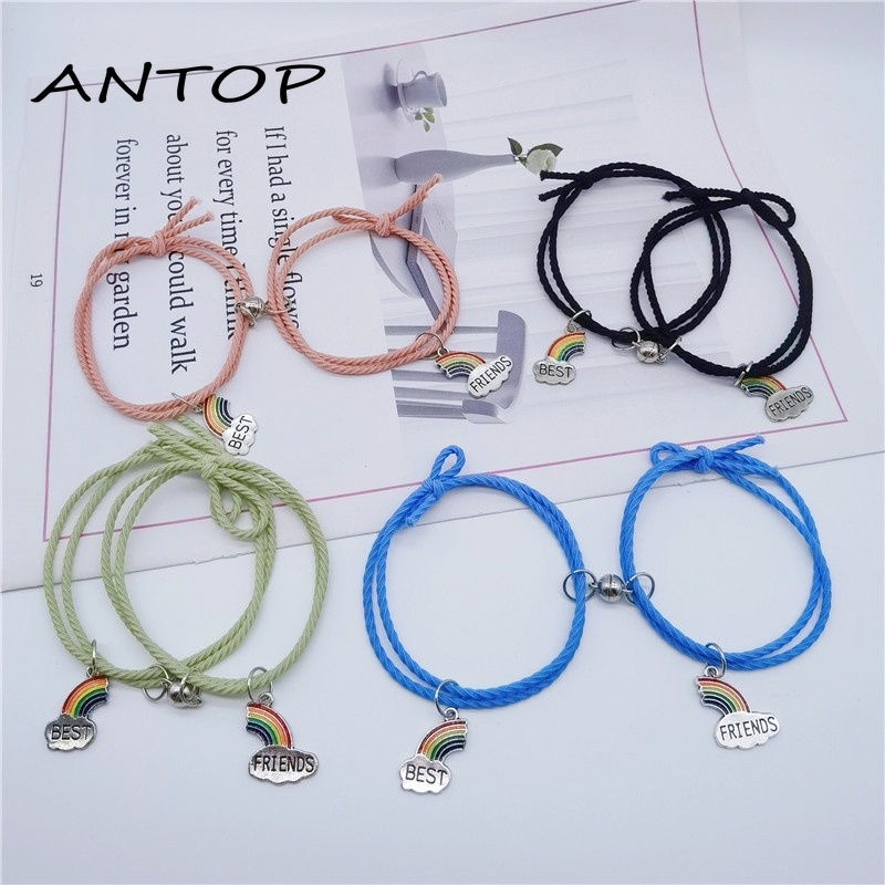 2pcs / Set Gelang Pelangi Tali Kepang Magnetik Adjustable Hias Manik-Manik Hitam Gaya Etnik China Untuk Pasangan Perhiasan Fashion ANTOP