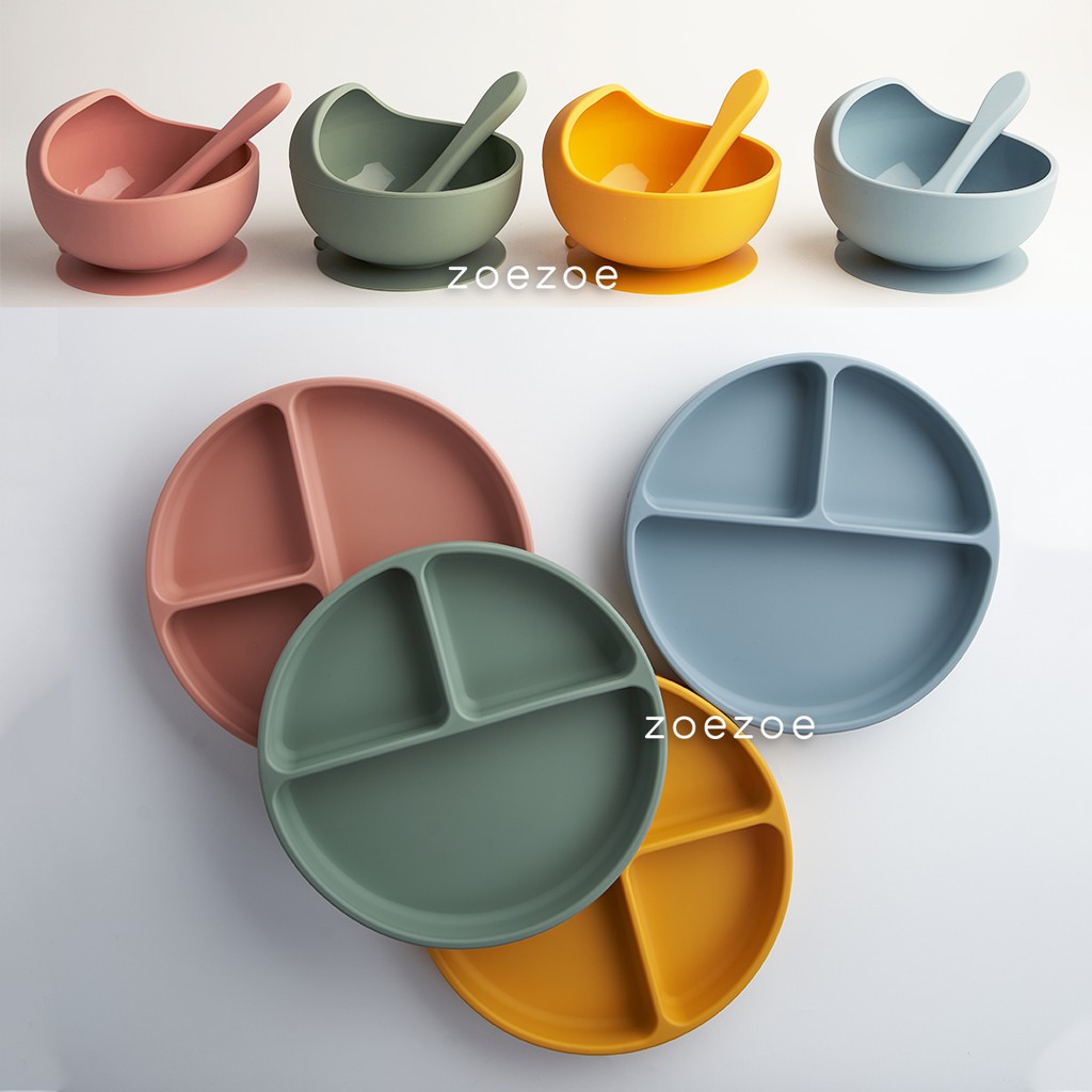 ZOEZOE Silicone Bib Suction Plate Bowl Spoon Set Celemek Piring Mangkok Sendok Makan Bayi Silikon