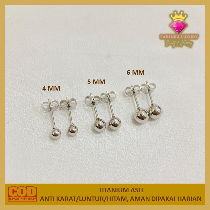 Anting Tusuk Titanium Asli Giwang Wanita Bola Polos Putih Silver 4mm 5mm 6mm Simpel Elegan Anti Aler