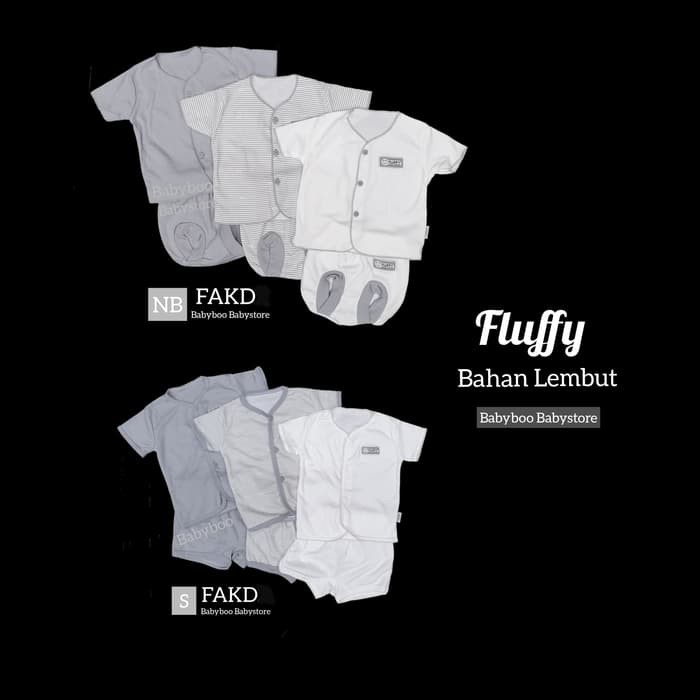 Fluffy Baby Setelan Pendek Newborn - Baju Bayi Putih Abu-abu 0-3m 0-3 - 3-6 Bulan, Putih-Abu-Garis