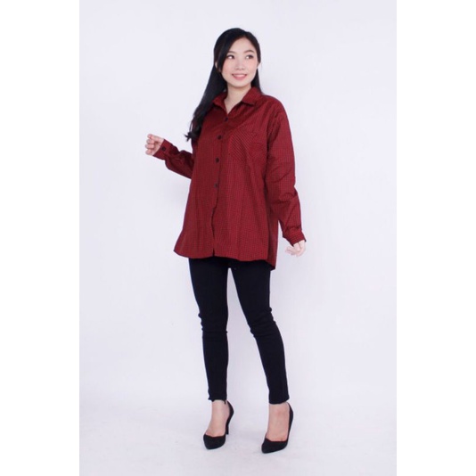 Kemeja Wanita Basic Lengan Panjang Katun Kotak Trendy/ Atas Wanita-8