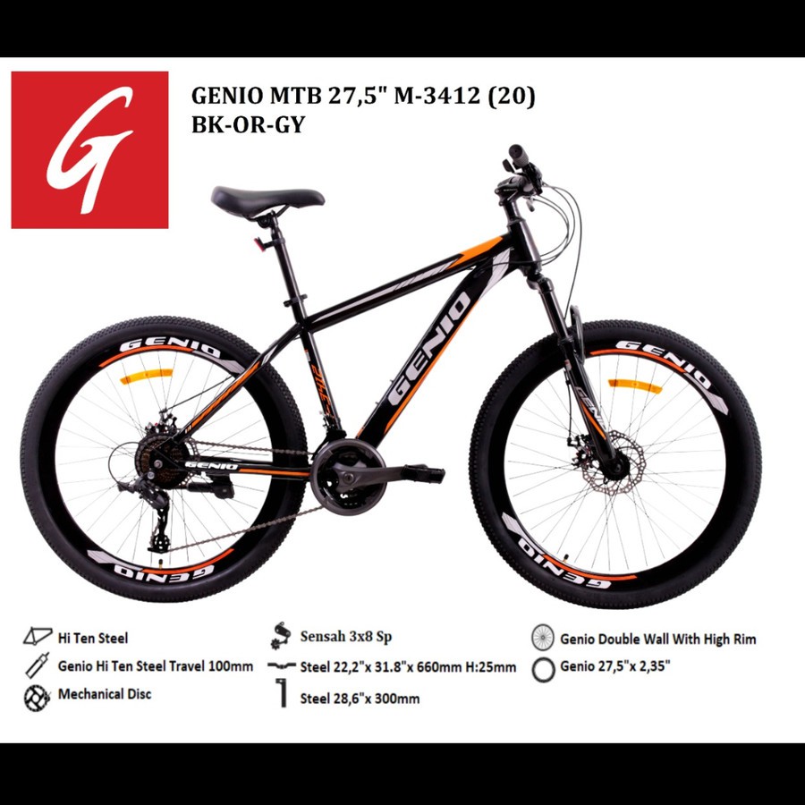 Sepeda Gunung MTB 27.5 Genio M3412 BY United Frame Hi Ten Steel Garansi Kredit Cicilan COD SNI-BK OR GY