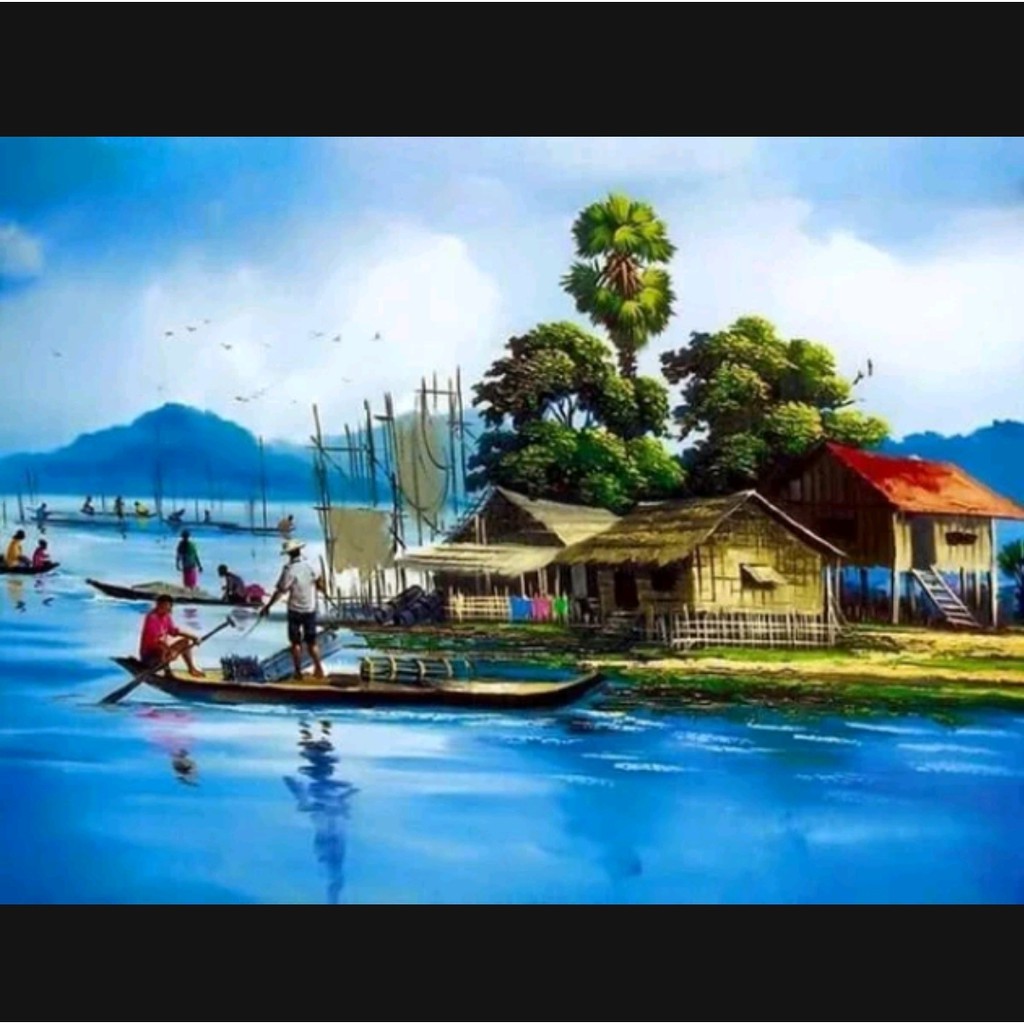 lukisan kanvas pemandangan kampung 90x130 cm RD