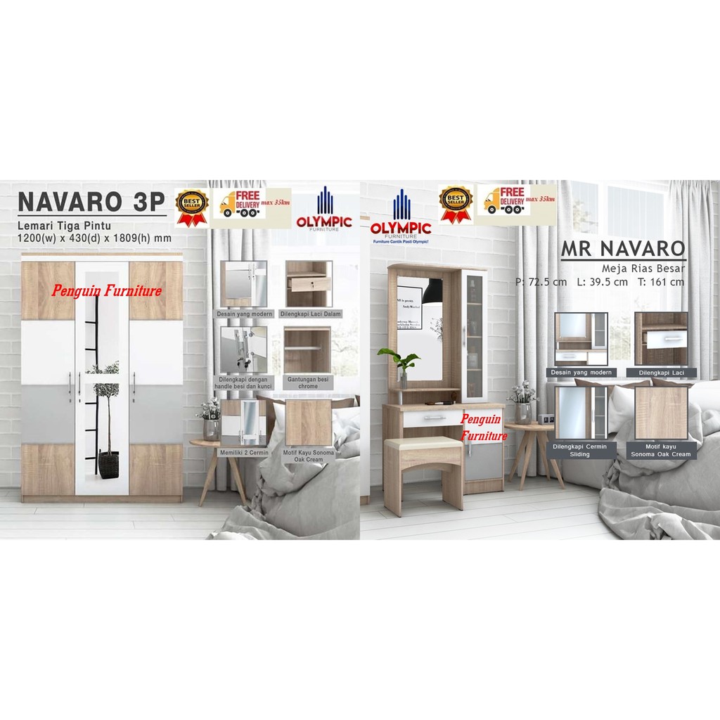 SET LEMARI PAKAIAN NAVARO 2P + MEJA RIAS MR NAVARO (DROP)