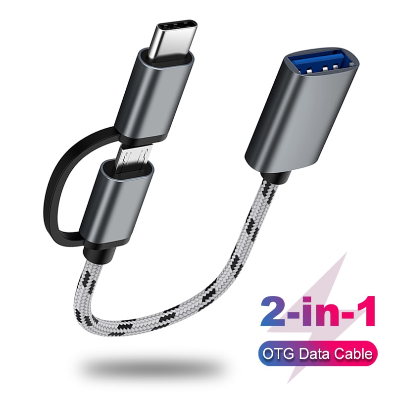 2 In 1 Kabel Data / Charger Micro Usb / Tipe C / Otg Bahan Nilon Kepang