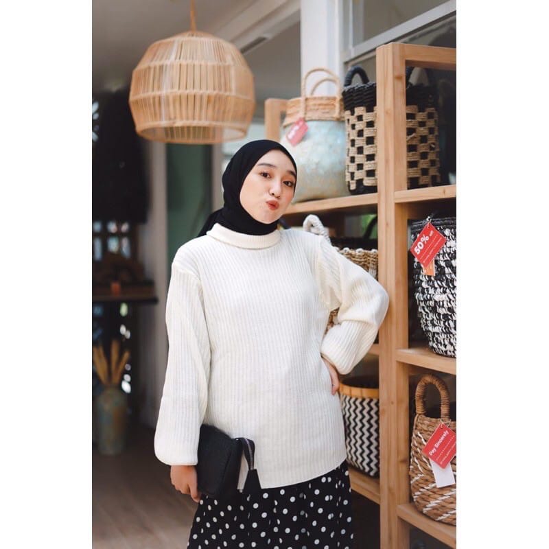 sweater rajut bayoneta turtleneck/lengan balon kerah tinggi