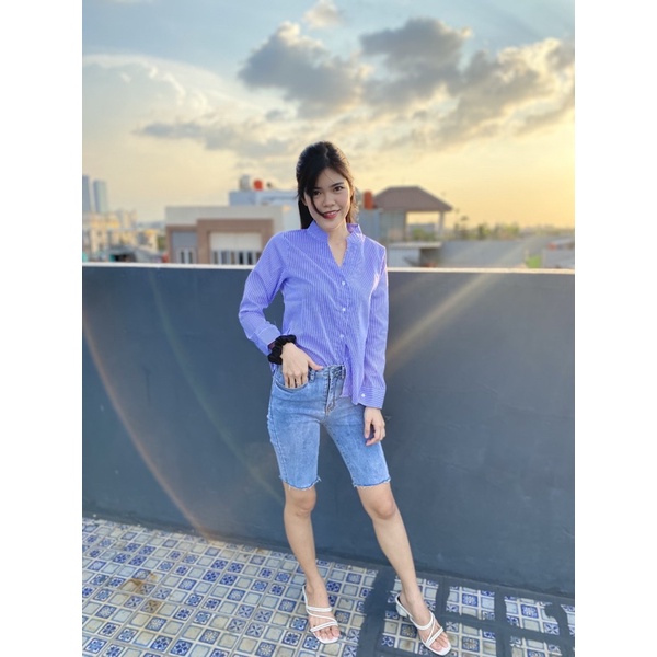 FDM-FN- Kem Ainy kemeja wanita salur bahan katun fit L 1F-BIRU UK L