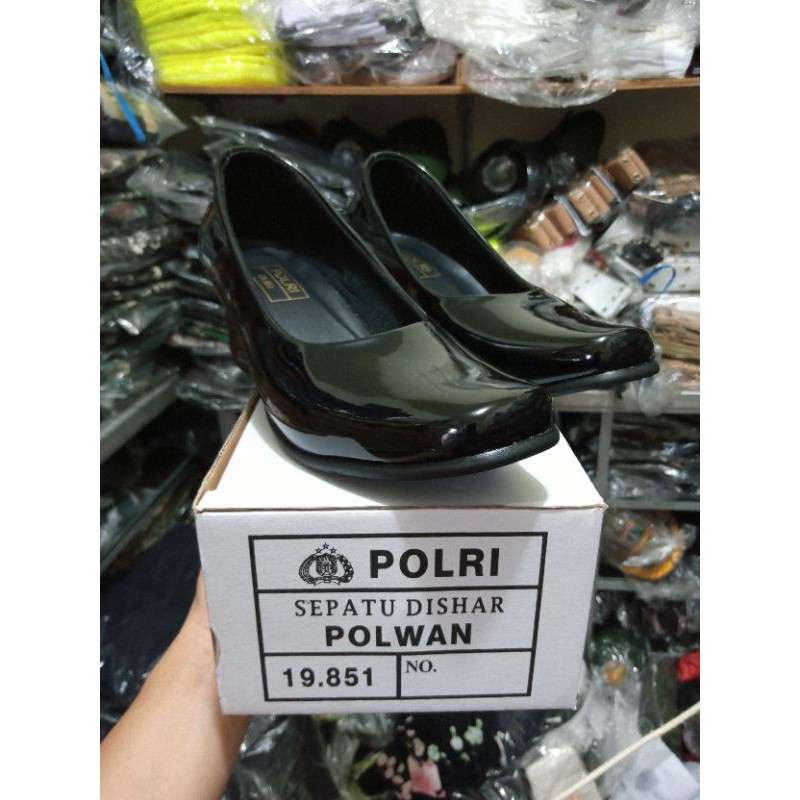 Sepatu PDH Wanita Polwan Secwan Jatah POLRI Kulit Asli Kilap Hak 5 cm