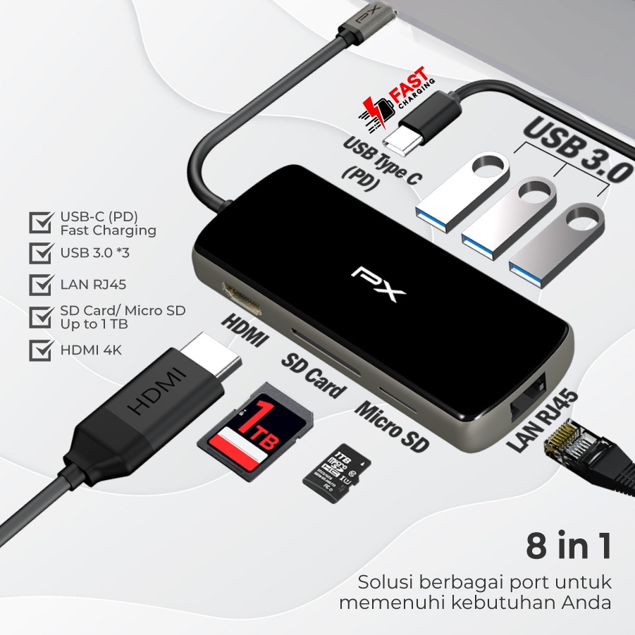 USB Type C Hub Converter to HDMI USB LAN Micro SD 8 in 1 PX UCH80B