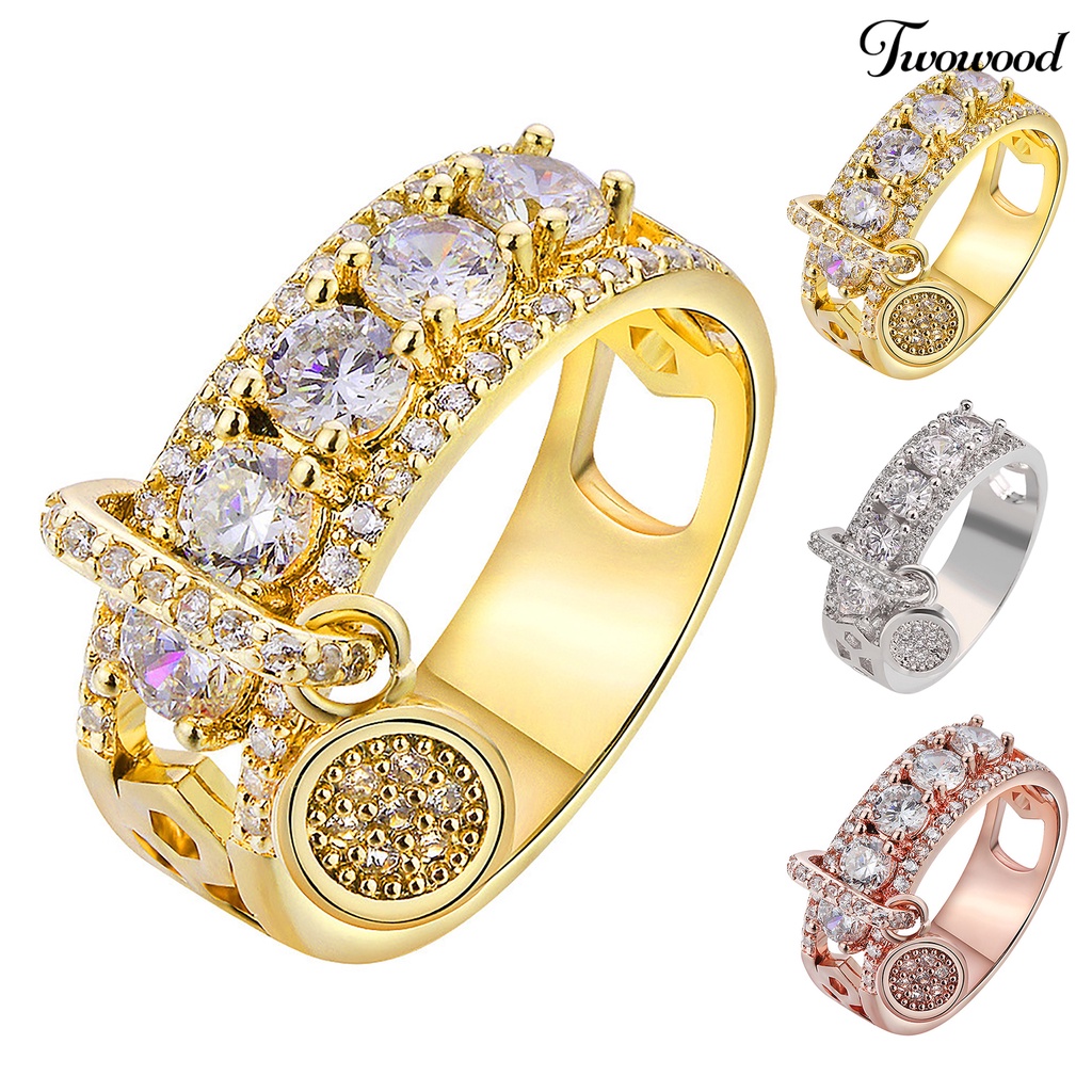 Twowood Cubic Zirconia Women Ring Disc Pendant Alloy Hollow Wide Wedding Ring Fashion Jewelry