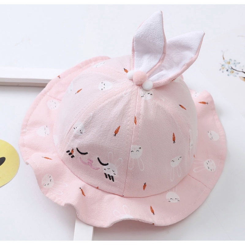 Topi Bucket Anak Bayi Telinga Bentuk Rabbit Carrot Ruffle-Pink muda polos