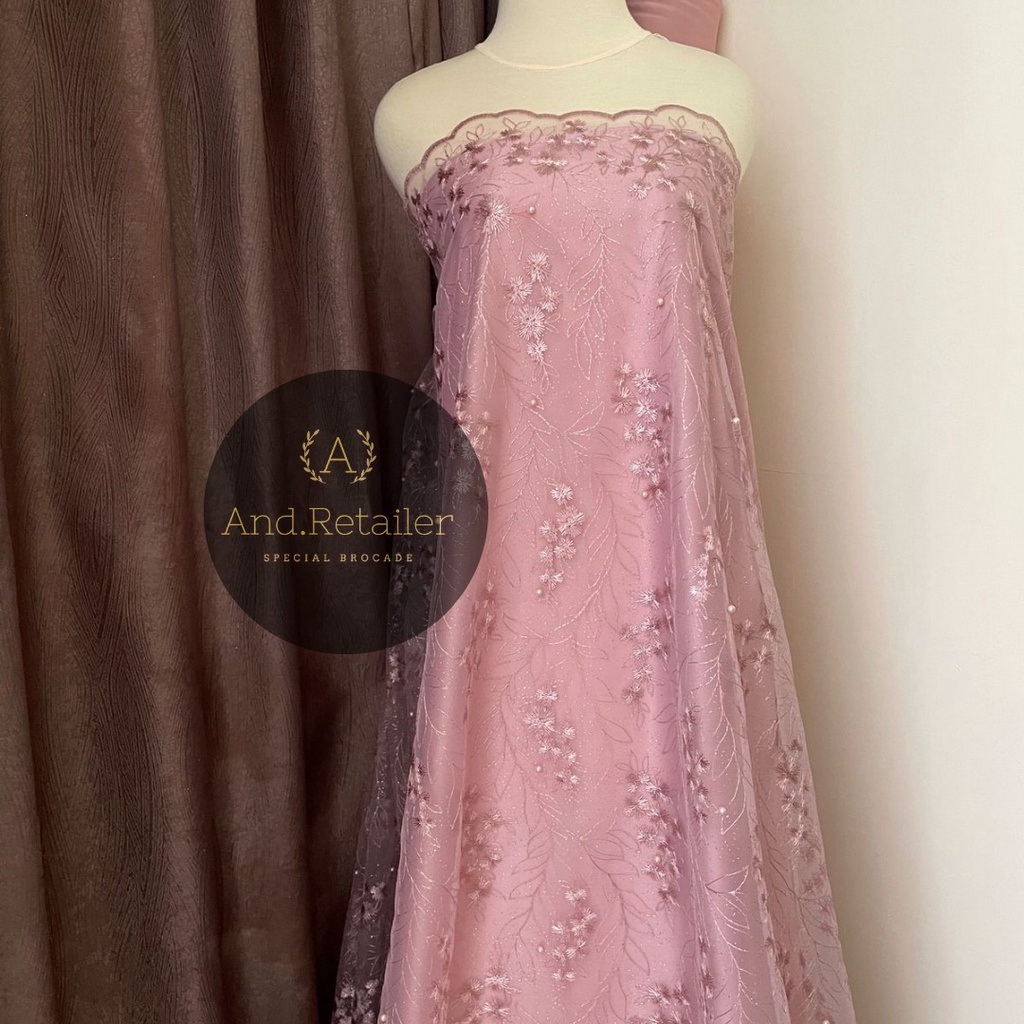 Kain Bahan Kebaya Brokat Tile Mutiara Charlotte warna hijau Rose Gold Semi Lavender