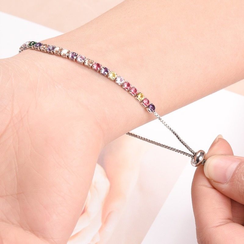 Gelang Rantai Tembaga Adjustable Hias Zirkon Warna-Warni Untuk Wanita