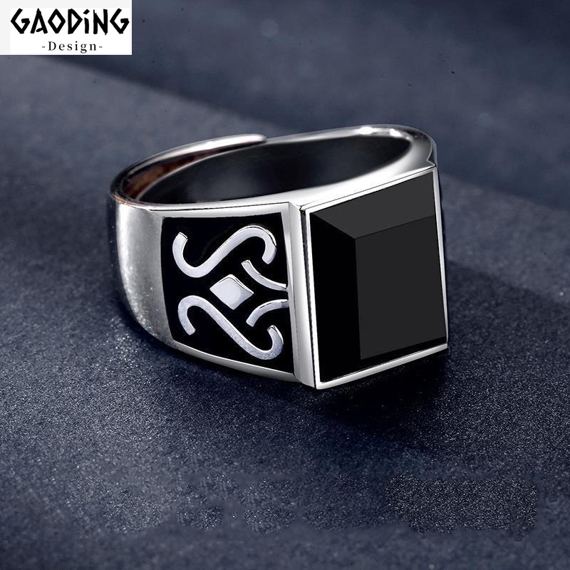 Cincin Pria Model Terbuka Lapis Silver Hias Permata Hitam Gaya Hip Hop Adjustable Untuk Pestahadiah