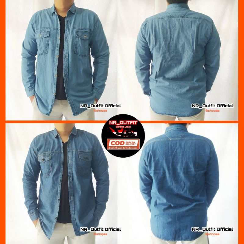 Fit To L XL XXL XXXL Kemeja Denim Jeans Panjang Pria Flanel Cowok Big Size Jumbo