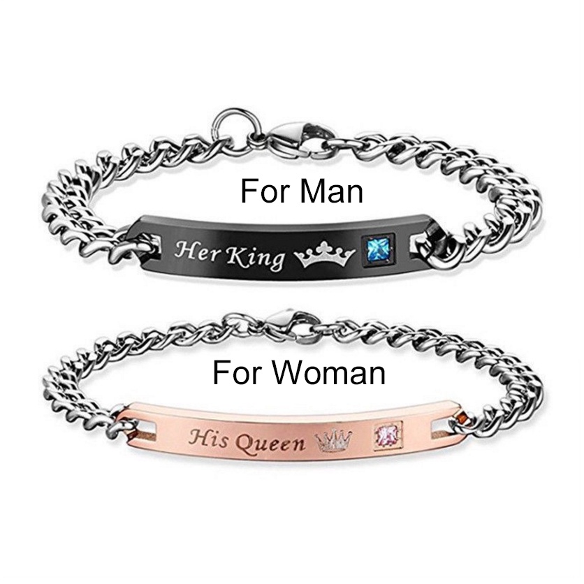 Romantis Her King His Queen Mahkota Pola Stainless Steel Berlian Imitasi Pasangan Bangle Kepribadian Pria Wanita Hari Valentine Souvenir Hadir