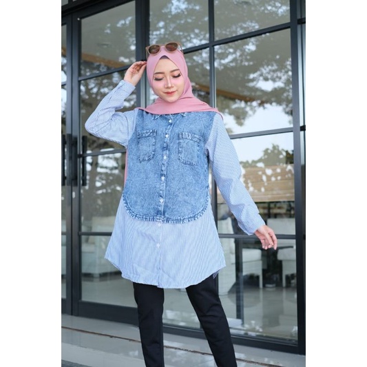 TUNIK JEANS KOMBINASI | ATASAN WANITA KEKINIAN | TUNIK MURAH