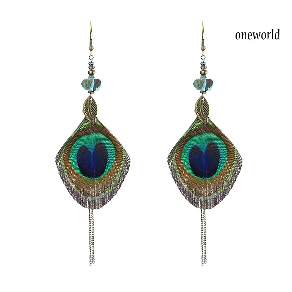 OW# Peacock Feather Drop Earrings Ethnic Style Women Geometric Shape Circle Hook Earrings Jewelry Accessory