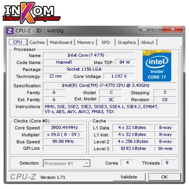 PROCESSOR Intel Core i7-4770 3.40Ghz LGA 1150 PLUS FAN INTE