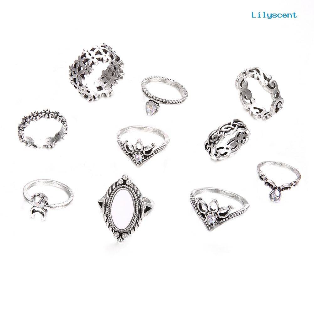 Ls 10Pcs Cincin Buku Jari Aneka Bentuk Gaya Retro Warna Silver Untuk Wanita