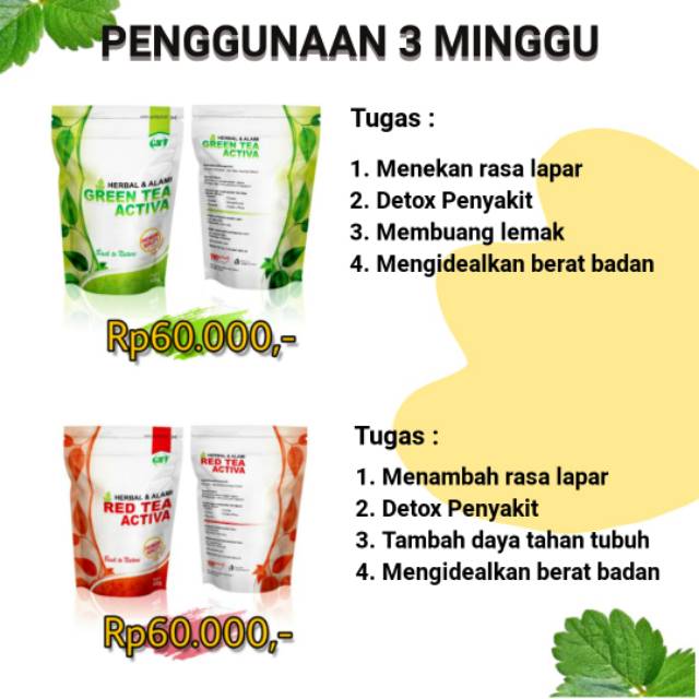 

Teh herbal u/ kesehatan .. GREEN TEA ACTIVA DAN RED TEA ACTIVA SOLUSI SEHAT HEMAT DAN BERKWALITAS