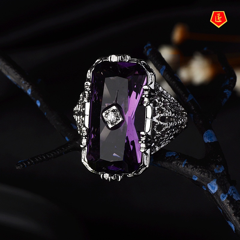 [Ready Stock]Personality Vintage Inlaid Chamfered Rectangular Amethyst Ring