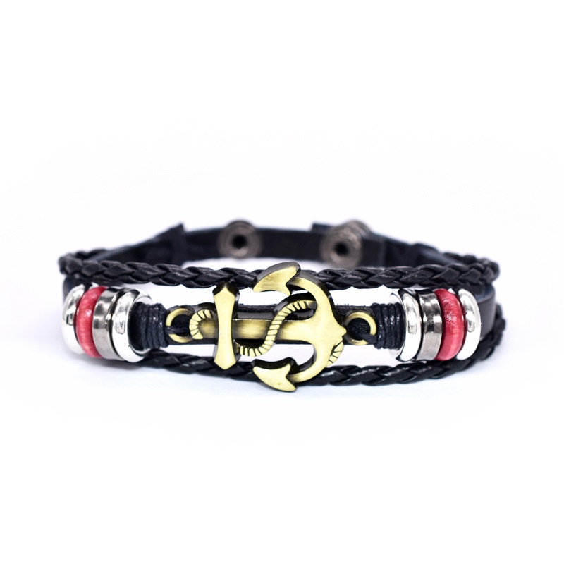 [Z H Perhiasan] Hip Hop Rock Retro Pria Fashion Kapal Jangkar Kulit Multi Layer Anyaman Gelang Pesta Perhiasan Aksesoris 18 Cm~21.5 cm