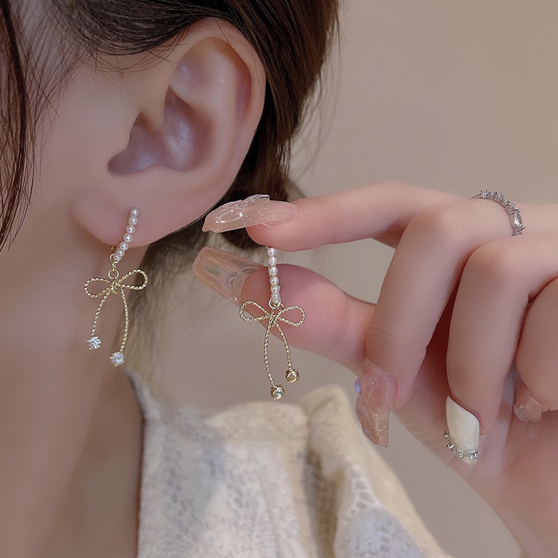 Anting Tusuk Gantung Bahan Sterling silver 925 Desain Pita + Mutiara + Berlian Untuk Wanita