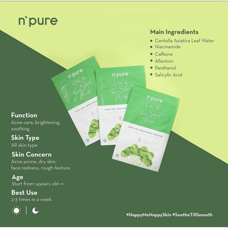 NPURE Centella Asiatica Masker Sheet Mask (CICA series) Masker Wajah Topeng, Masker Jerawat