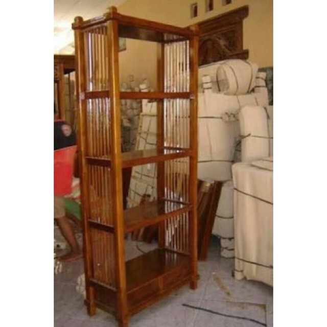 Rak Buku Bufet Ruangan Tempat Boneka Hias Ruang Tamu Minimalis Bahan Kayu Jati