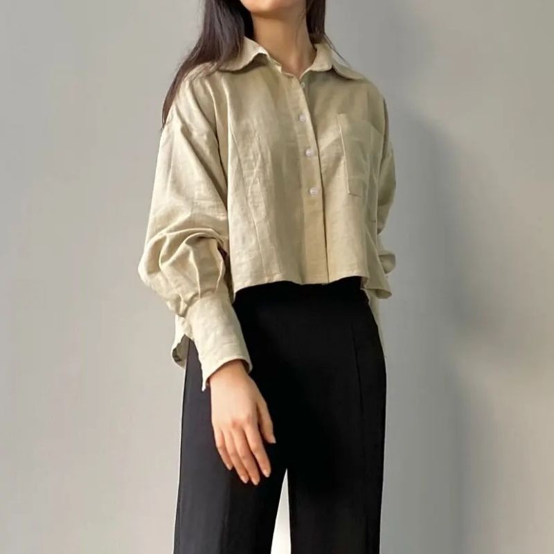 Davi Linen Shirt Kemeja Crop Linen Pocket Wanita Oversize Crop