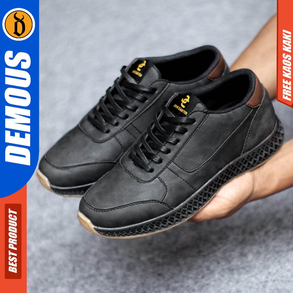 Sepatu Sneakers Kerja Pria Casual Kulit Pu Hitam Coklat Demous Runn