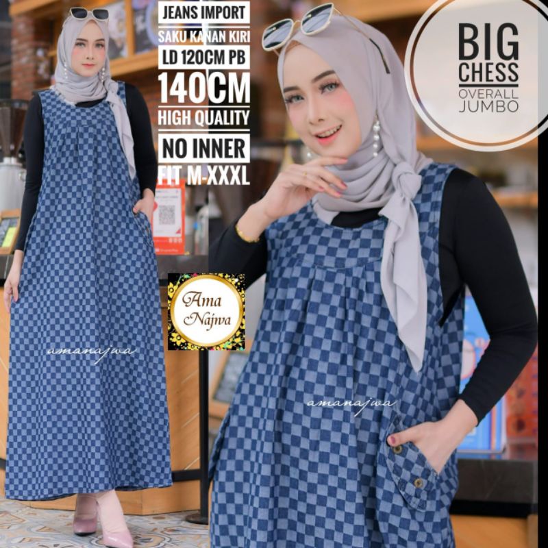 Big chess overall jumbo big size dress terusan jeans
