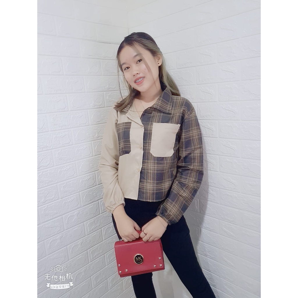 RILLO - PROMO MIKA CROP TOP BLOUSE / KEMEJA WANITA CROP TARTAN-KOTAK HITAM