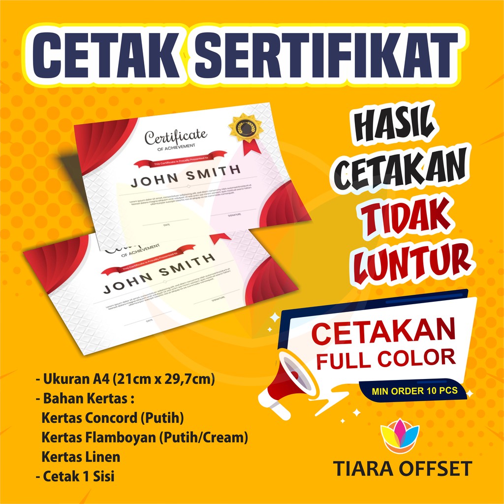 

Cetak Sertifikat A4, 1 Sisi, Full Color
