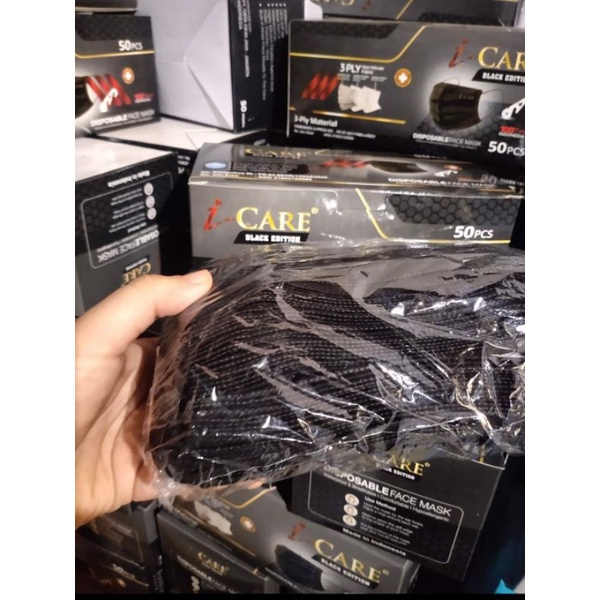 Masker Hitam box isi 50 merk I care original hitam dalmnya putih