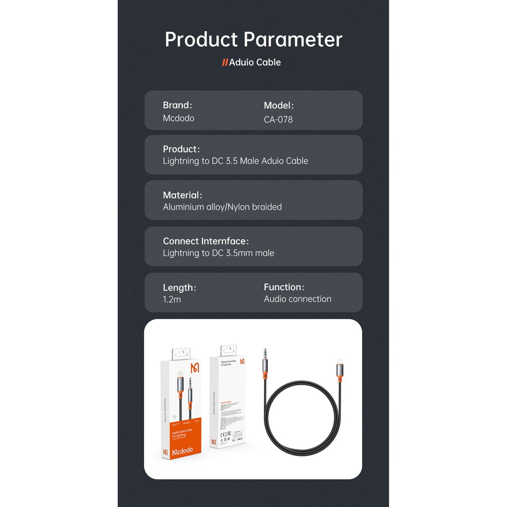 MCDODO Kabel Aux Lightning to jack 3.5mm to Speaker