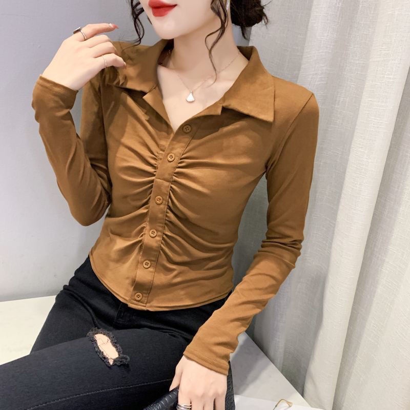 French retro bottoming shirt wanita musim semi dan musim gugur 2022 baru slim fit temperamen pendek Polo collar rajutan top