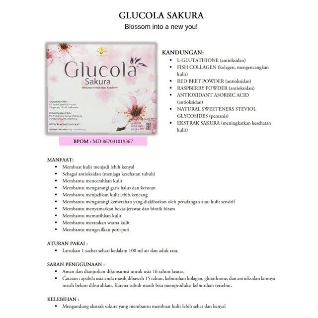 

Glucola Sakura 12gr Minuman Serbuk Rasa Raspberry Perbox Isi 20