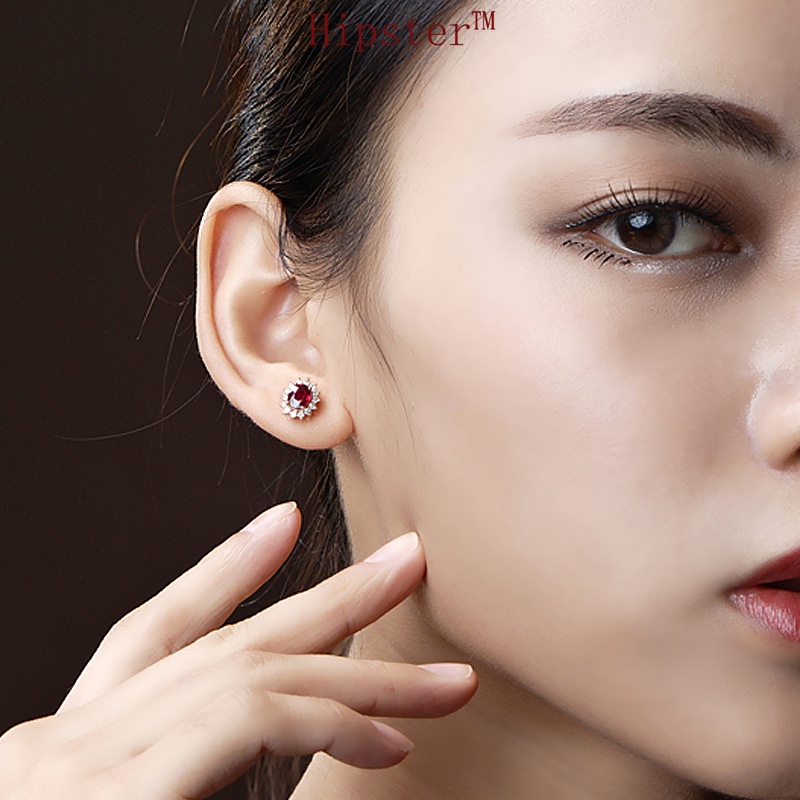 New Product Creative Hot Sale Light Luxury SUNFLOWER Full Diamond Ruby Stud Earrings