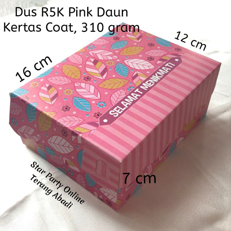 Dus Kue 16 x 12 x 7cm Pink Motif Daun R5K/ Dus Roti Merah Muda Lucu / Dos Snack Ultah / Dos Hajatan / Snack Box