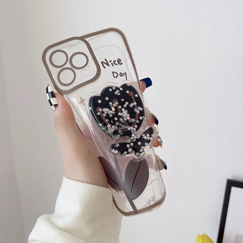 Flow Glitter Tulip Popsocket Soft Case iP iPhone 11 12 13 Pro Max 6 6S 7 8 + Plus X XR SE 2020 XS Max Casing