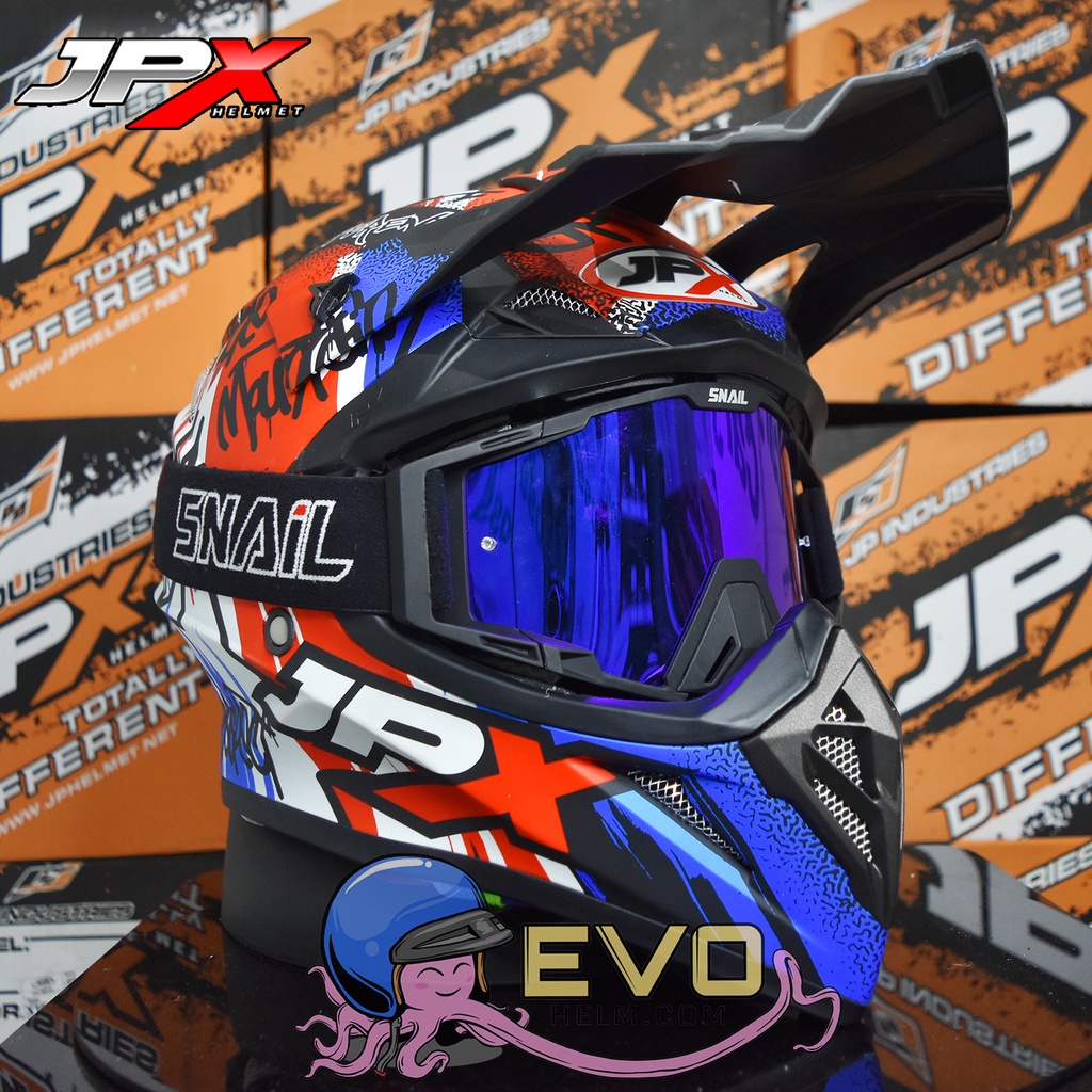 HELM JPX CROSS_FOX1 SERI X6 - BLACK DOFF / BLUE + GOOGLE SNAIL (ONGKIR 2 KG) HELM JPX TERBARU