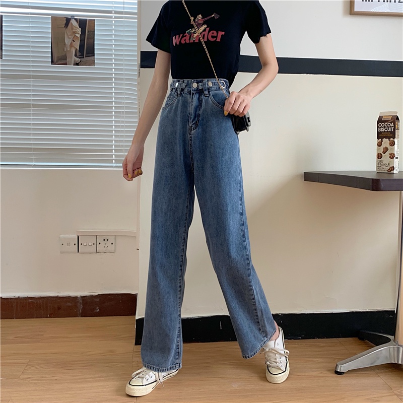 Celana jeans wanita loose high waist straight denim pants