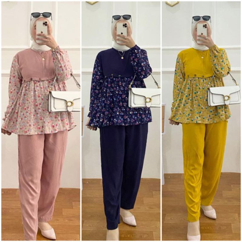 BISA COD AZKIYAHIJAB29 ZAYDA ONESET ONE SET SETELA TUNIK KOMBINASI MOTIF POLOS SETCEL MUSLIM OOTD KA