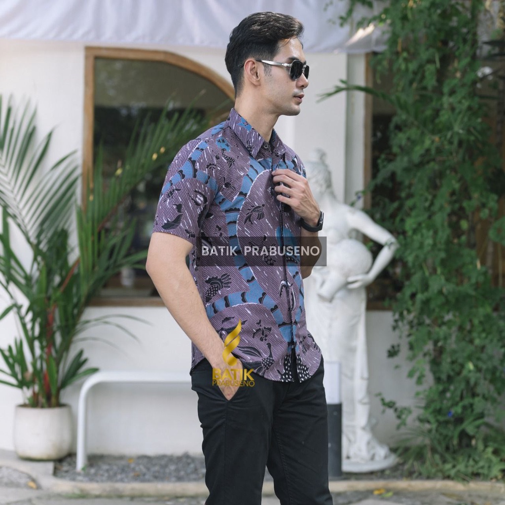 Sabdomuda Batik PRABUSENO Original 100% Katun Asli Pria Lengan Pendek Printing Kemeja Formal Kantor 