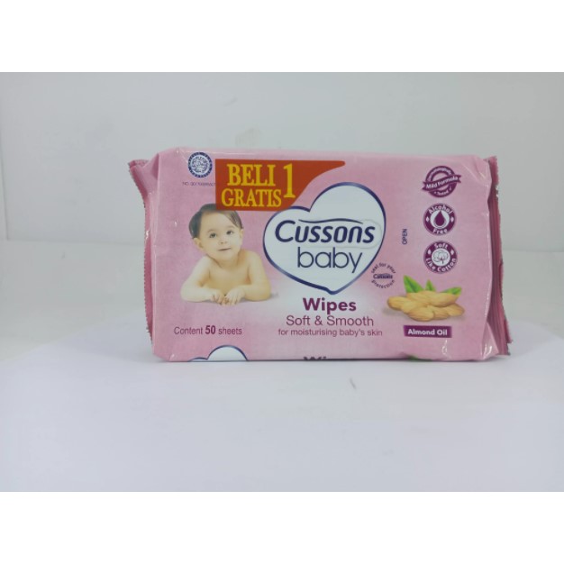 [Beli 1 Gratis 1] CUSSONS Baby Wipes Soft &amp; Smooth 50’s / / Tisu basah / Tissue basah PINK 50 lembar